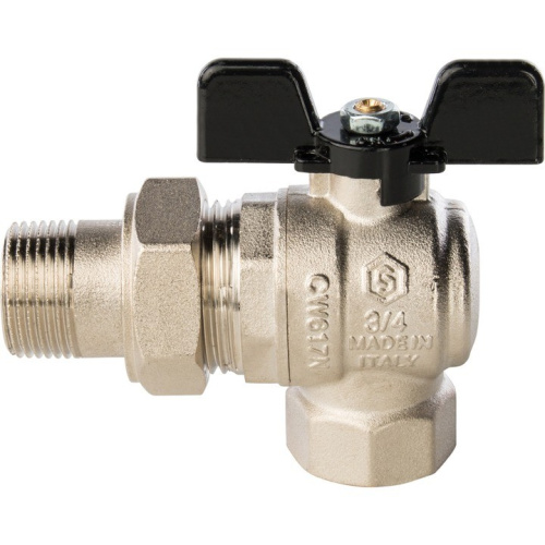 Полнопроходной шаровый кран со сгоном угловой  3/4" ручка бабочка резьба внутренняя - наружная STOUT