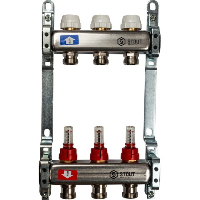 STOUT Коллекторная группа нерж. со встроенным расходомерами в сборе 1"х 3 вых.x 3/4" SMS 0917 000003