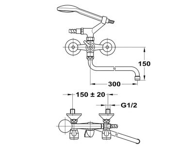 604 Е NOVA  Смеситель для ванны-умыв. излив 300 мм. с держат. с классической кран-буксой MOFEM