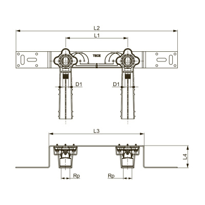 TECEflex Водорозетка на планке, 16 х 1/2", латунь 765130. Для подключения смесителя.