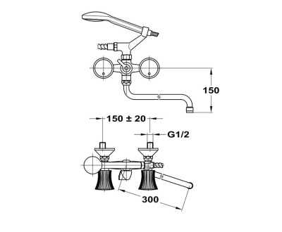 604 SPEKTRUM  Смеситель для ванны-умыв. излив 300 мм. с держат. с классической кран-буксой MOFEM