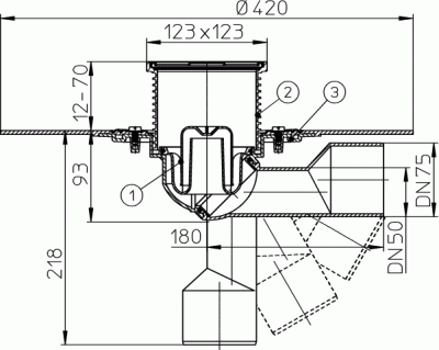 HL 80.1H DN 50/75 Трап для внутренних помещений с гидроизол. полимербитумным полотн решетка 115х115