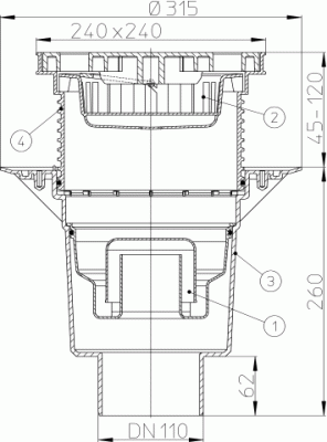 HL616LW/5 DN 160 решетка из ПП 226х226мм Трапы PERFEKT,  Гидразатвор  вертикальный выпуск