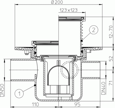 HL 304 DN 50 Трап с горизонтальным выпуском, с 3-мя доп входами (заглушены ) и обр клапаном 