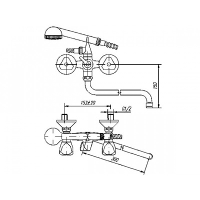604 DIAMANT ECO  Смеситель для ванны-умыв. излив 300 мм. с держат. с классической кран-буксой MOFEM