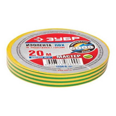 Изолента ЗУБР "МАСТЕР" желто-зеленая,ПВХ,не поддерживающая горение,6000 В, 15мм х 10м