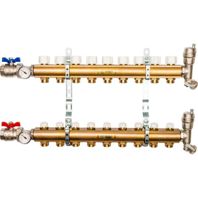 Комплект   коллекторный блок с запорными клапанами STOUT 1"х 9 вых x 3/4" SMB 0468 000009 из латуни