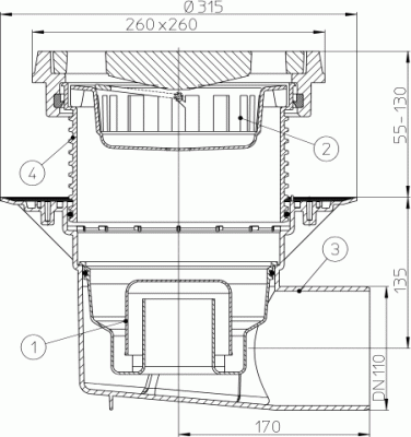 HL615,1W DN110 решетка чугун 226х226мм Трап PERFEKT, Надставной элемент с подрам, Гидрозатвор