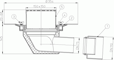 Кровельная воронка, HL64B DN75/110 с теплоизоляцией, с фланцем из нержавейки с горизон. выпуском   