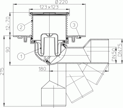 HL 80.1 DN 50/75 Трап с поворотным шариковым выпуском  решетка 115х115